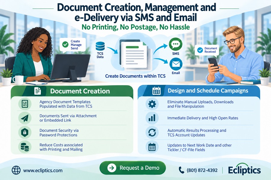 Document creation, management and e-delivery via SMS and email: no printing, no postage, no hassle
